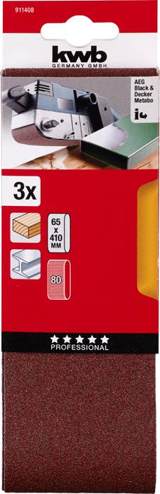 Kwb tračni brusni papir za električne uređaje, 3 komada, 65 x 410 mm, granulacija 80. Pogodan za AEG, Black & Decker, Metabo.