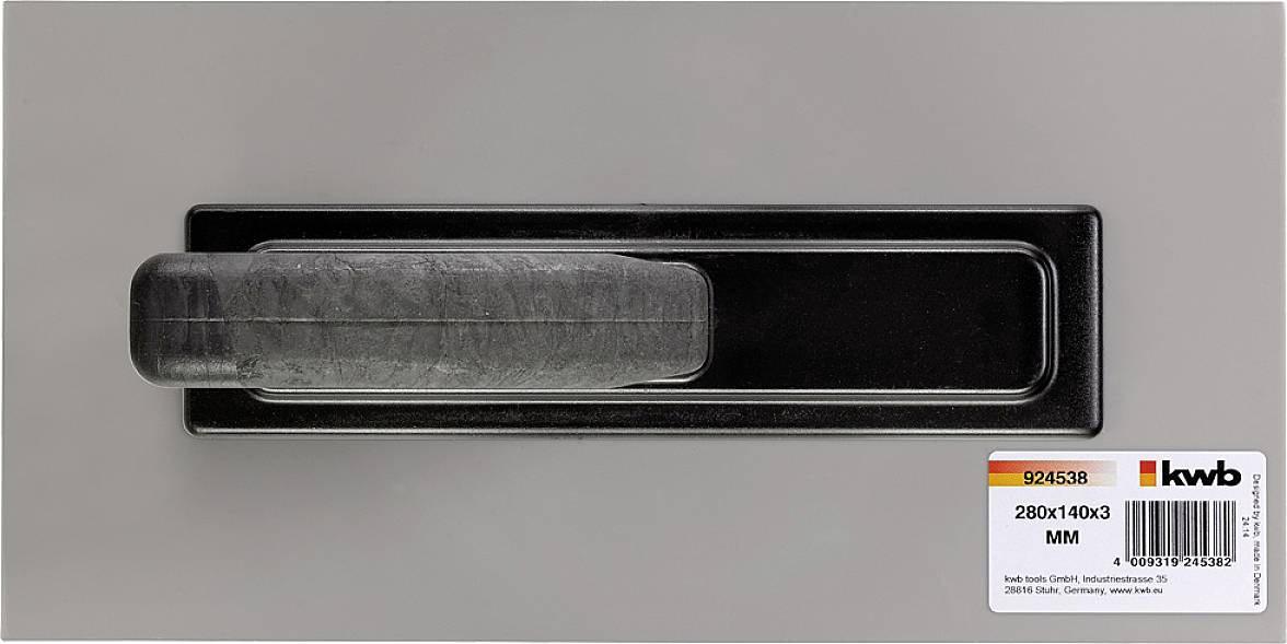 Gumena brusna ploča s crnom ručkom. Etiketa prikazuje marku 'kwb' i dimenzije '280x140x3 mm'.