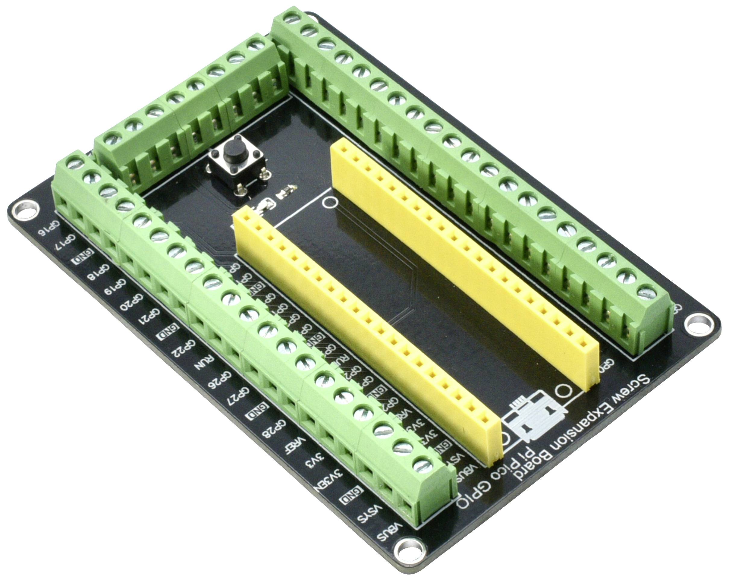 Zelena ploča za vijčane stezaljke sa žutim konektorima u sredini, korištena za proširenje električnih spojeva.