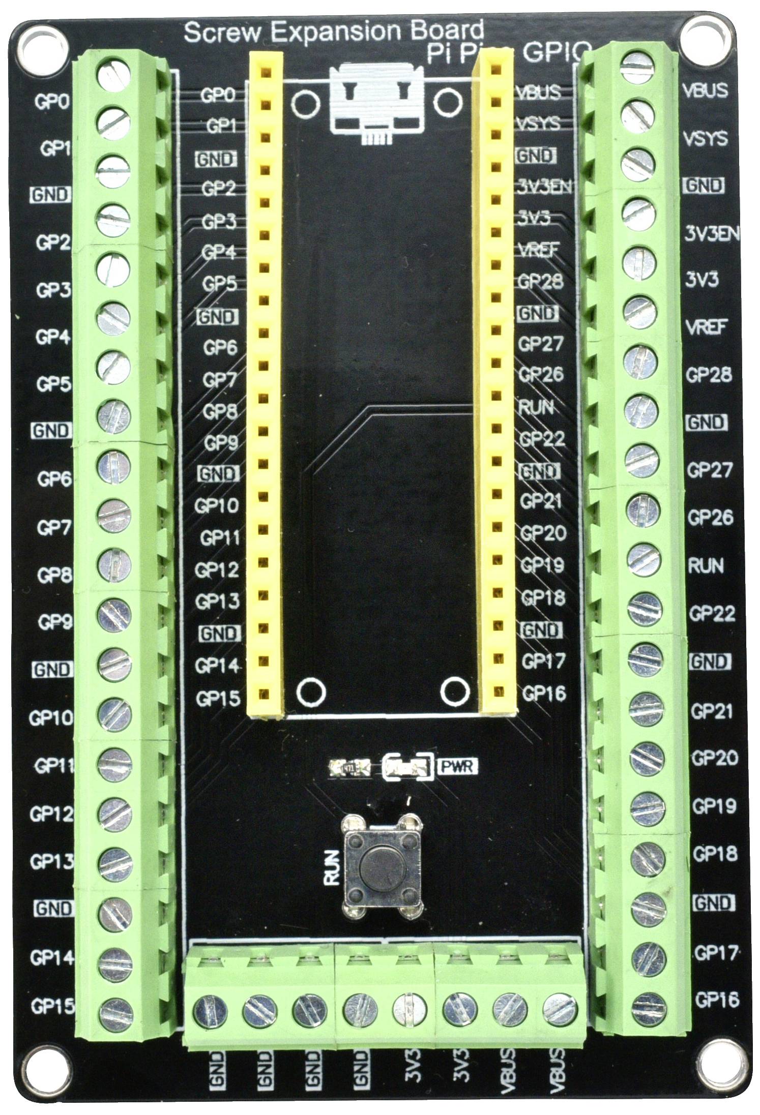 Crna proširna pločica sa vijčanim stezaljkama za Raspberry Pi. Sadrži numerirane priključne pinove i zelene vijčane stezaljke za različite GPIO priključke.