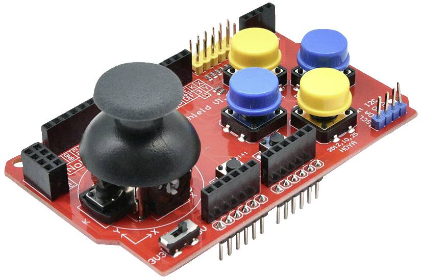 Crveni Arduino shield s crnim džojstikom, četiri šarene tipke (dvije žute, dvije plave) i nekoliko priključaka.