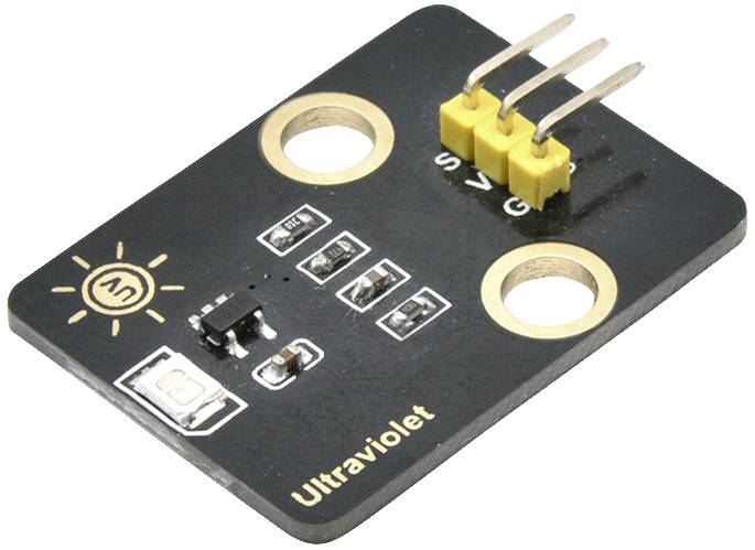 Mali elektronički modul sa senzorom i tri žute pins priključnice, označen natpisom 'Ultraviolet'. Služi za otkrivanje UV svjetlosti.
