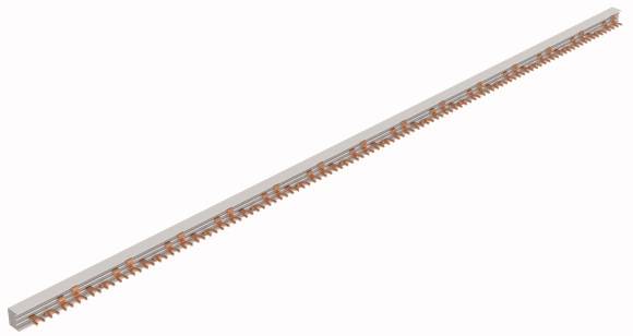 Dugi, sivi metalni dio s nizom bakrenih zuba na donjoj strani. Tehnički element, vjerojatno neka vrsta šine.