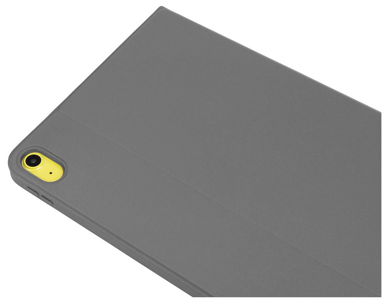Siva futrola za tablet s žutim izrezom za kameru u kutu, prikazana na bijeloj pozadini.