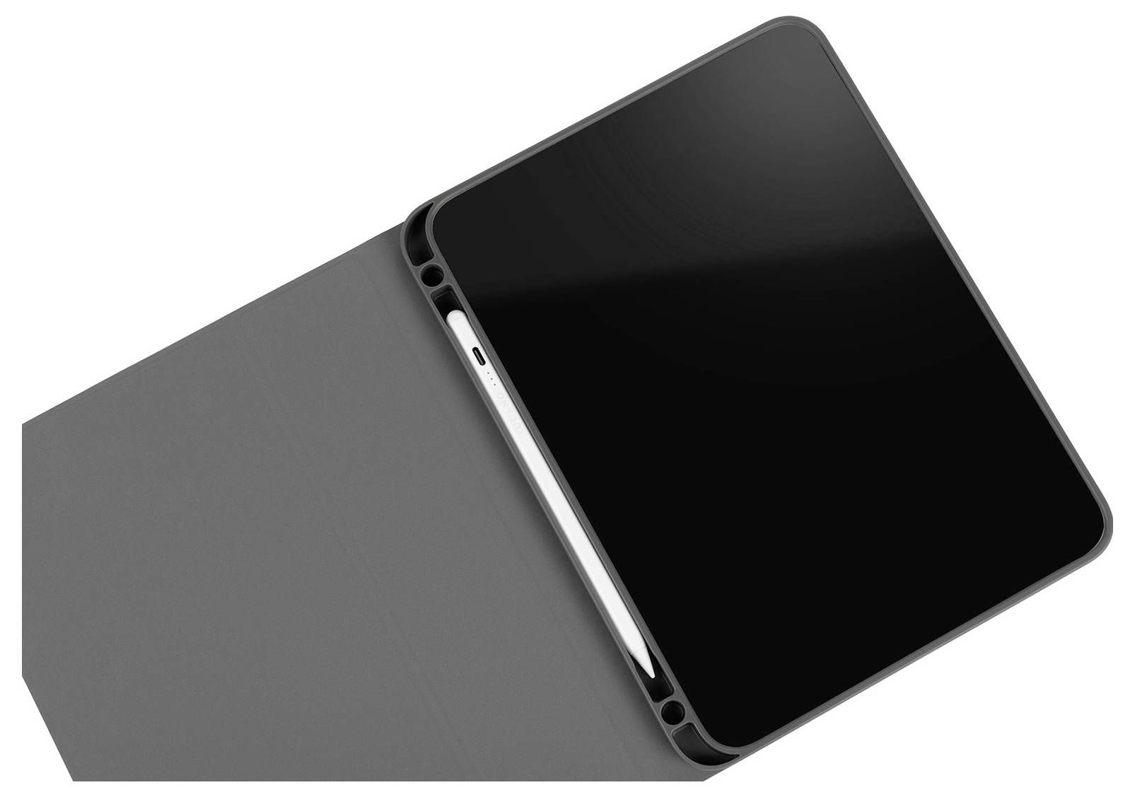Tablet u sivoj futroli sa sklapanjem, prikazan pod kutom sa stilusom pohranjen uz stranu.