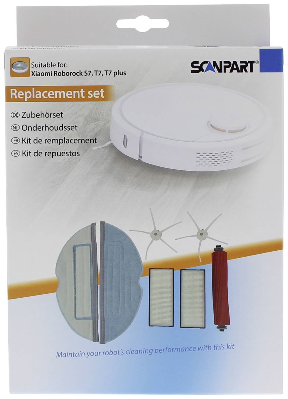 Komplet zamjenskih dijelova za robotski usisavač, prikazuje rezervne dijelove poput rubnih četki, filtera i valjaka. Pakiranja s prikazom usisavača.
