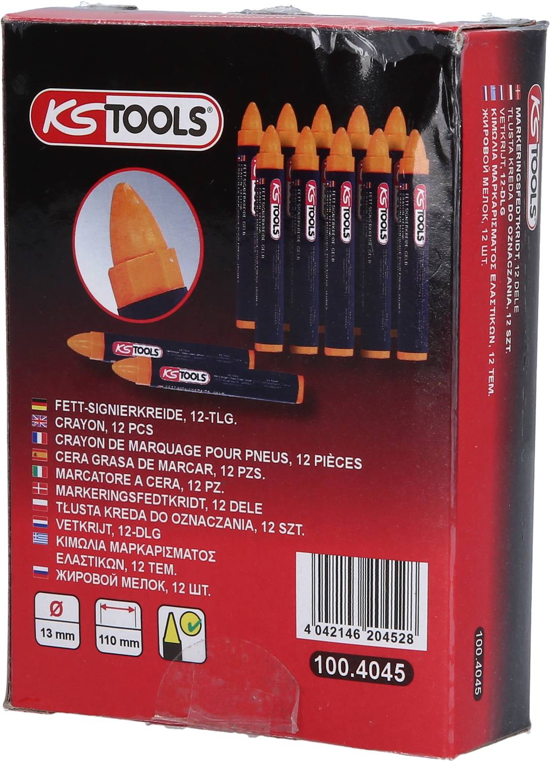 'KS Tools Masna signirna kreda, 12-dijelni set, različitih boja, pogodan za označavanje na gumama i metalu. Pakiranje prikazuje krede i informacije o proizvodu.'