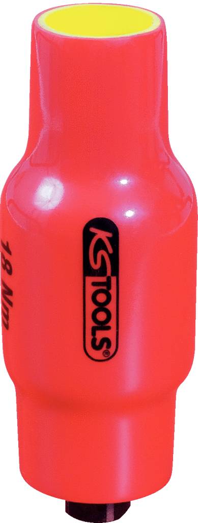 Crveni nasadni ključ za moment s žutom unutarnjom stranom, označen logotipom 'KS Tools' i oznakom '18 Nm'. Pogodan za precizne radove vijčanja.