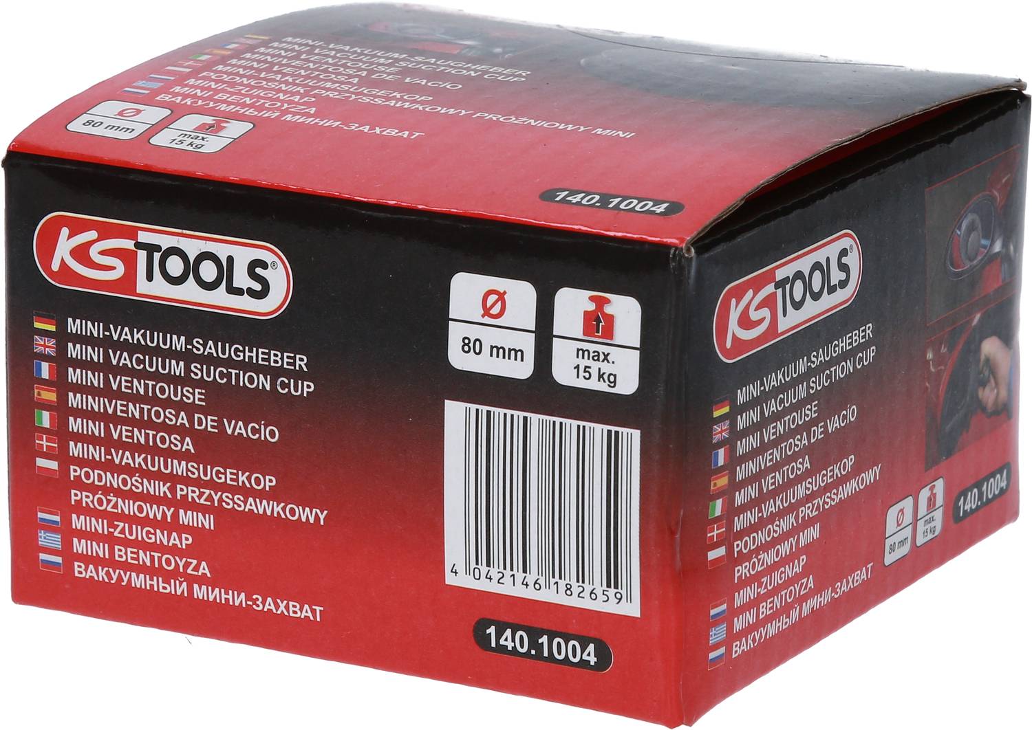 Karton tvrtke KS Tools s natpisom 'Mini-vakuumski prianjač', prikazuje simbole promjera od 80 mm i maksimalnog nosivosti od 15 kg.