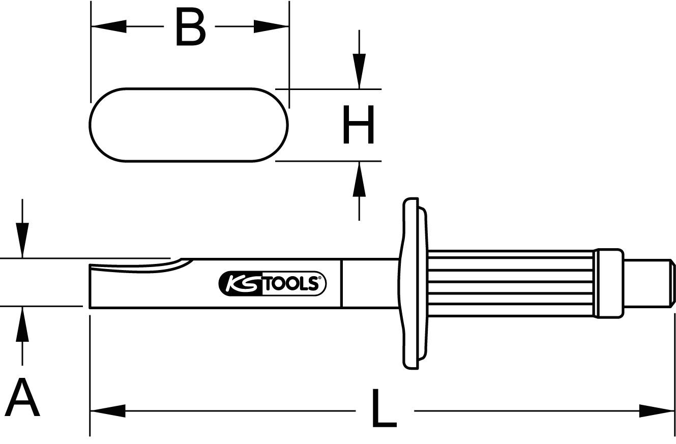Tehnički nacrt alata s dimenzijama A, B, H, L. Ručka je rebrasta i nosi oznaku 'KS TOOLS'.