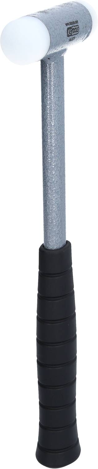 Čekić s metalnom ručkom i crnom gumenom drškom. Glava je bijela i izrađena od plastike, pogodan za radove koji štede materijal.