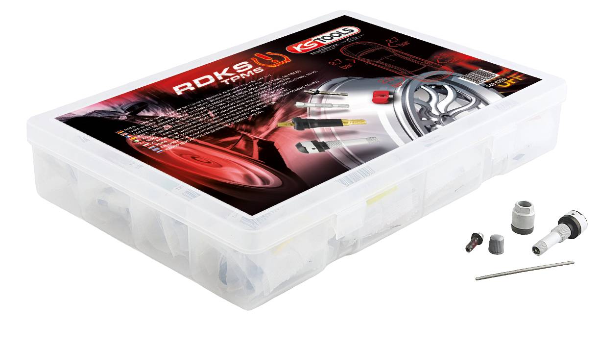 Komplet sustava za nadzor tlaka u gumama (TPMS) u plastičnoj kutiji. Sadrži senzore i opremu. Ambalaža prikazuje tehnički dizajn i logotipove.