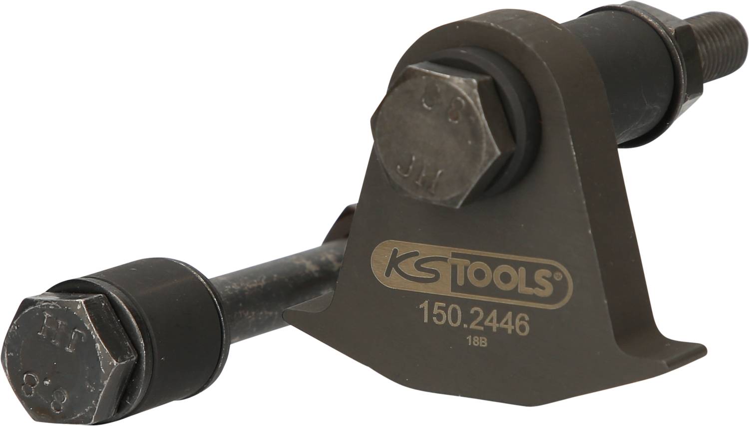 Metalatni alat koji se sastoji od dva vijka i nosača, obilježen oznakom 'KS TOOLS 150.2446', koristi se za popravke automobila.