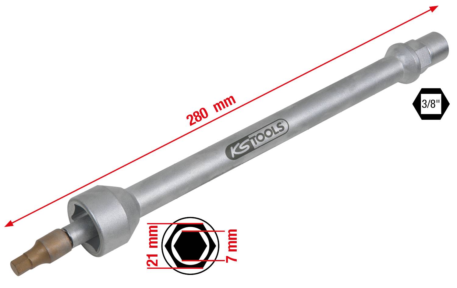 Langer nasadni ključ Langer 3/8 inča, dužine 280 mm, sa šesterokutnim nastavkom od 7 mm i širinom od 21 mm. Označen logotipom 'KS-Tools'.