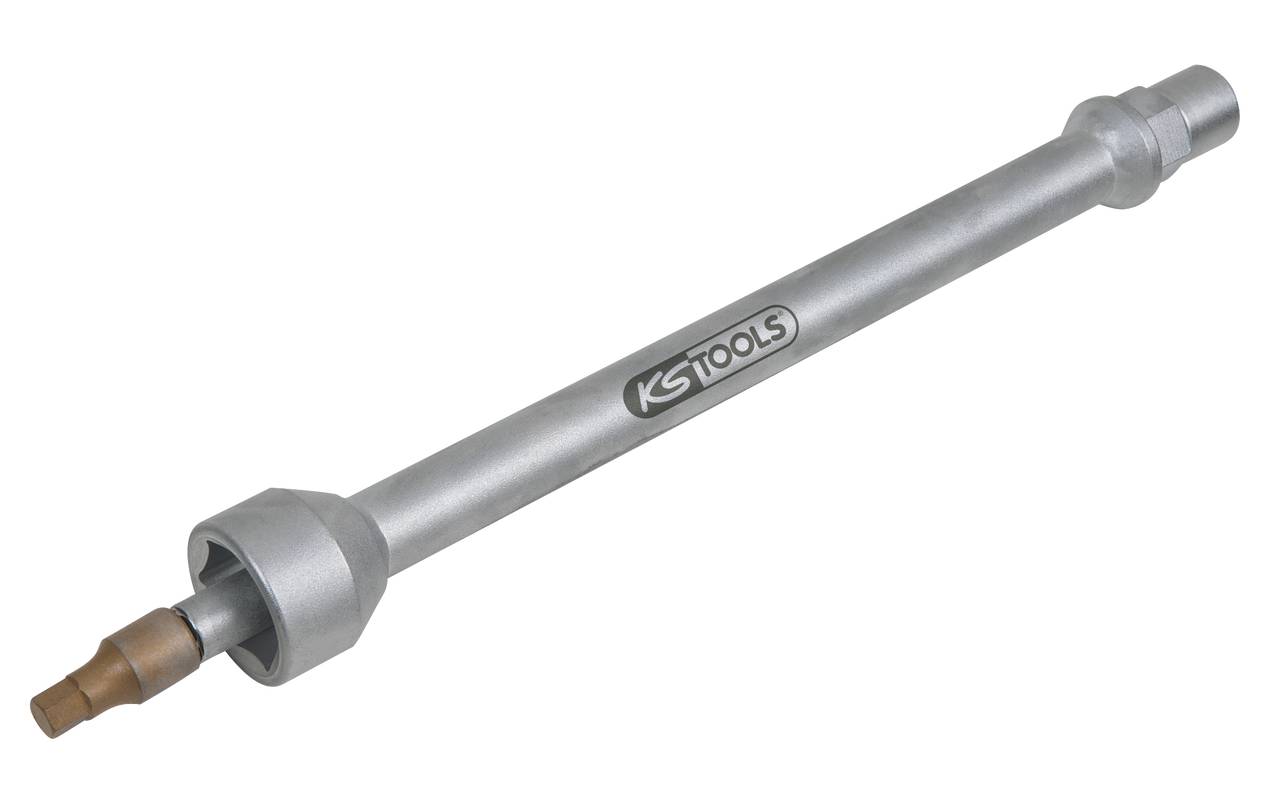 Dugi srebrni ključ s logom 'KS Tools', pogodan za teško dostupne vijke i matice.