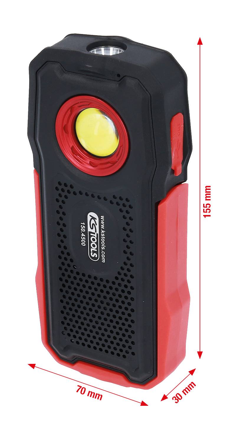 Punjiva LED radna lampa tvrtke KS TOOLS, crveno-crna, dimenzija: 155 mm x 70 mm x 30 mm. Idealna za radionicu i vanjsku upotrebu.