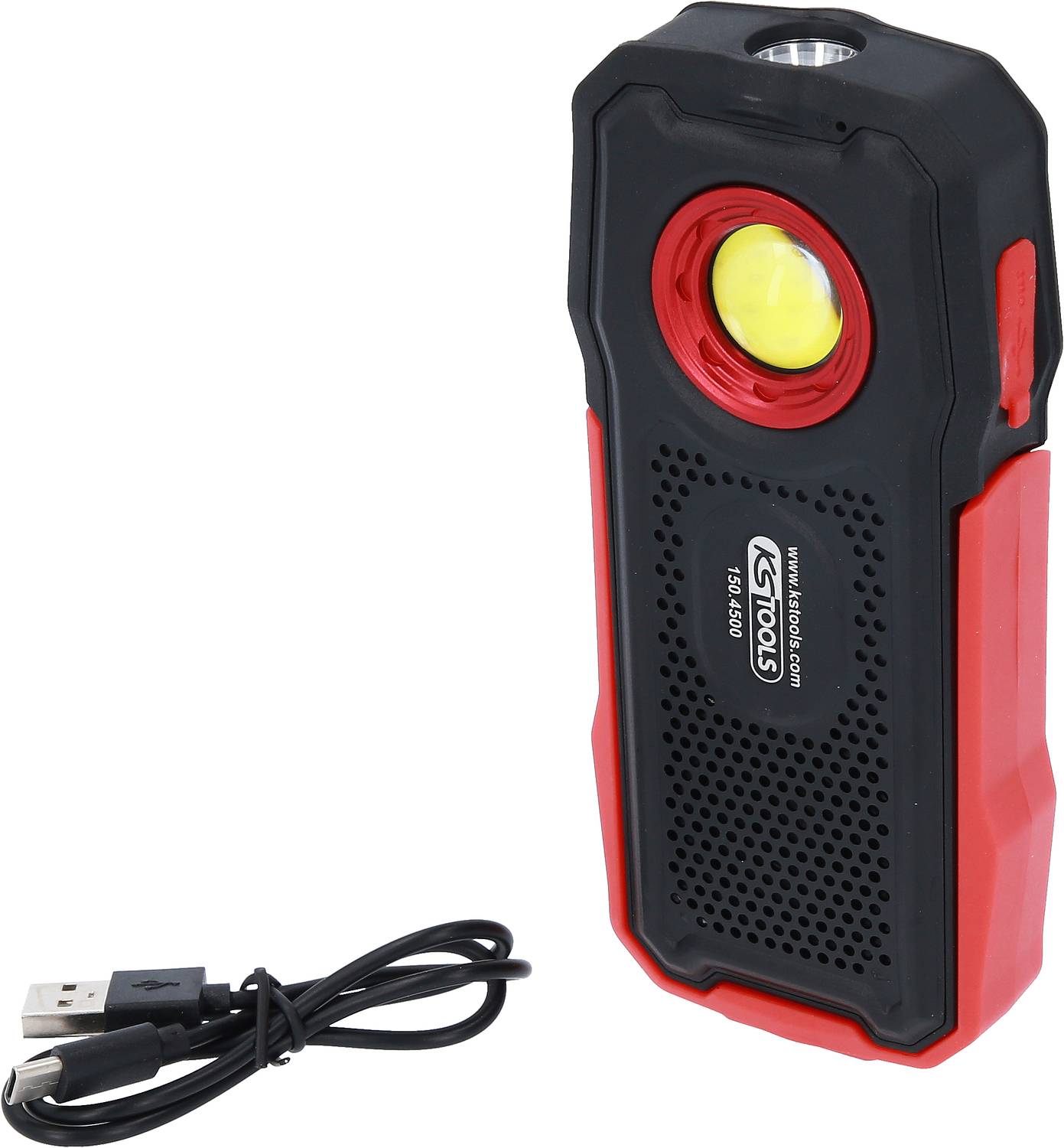 Crvena i crna prijenosna LED radna svjetiljka s USB punjačkim kabelom, idealna za poslove u radionici i outdoor aktivnosti.