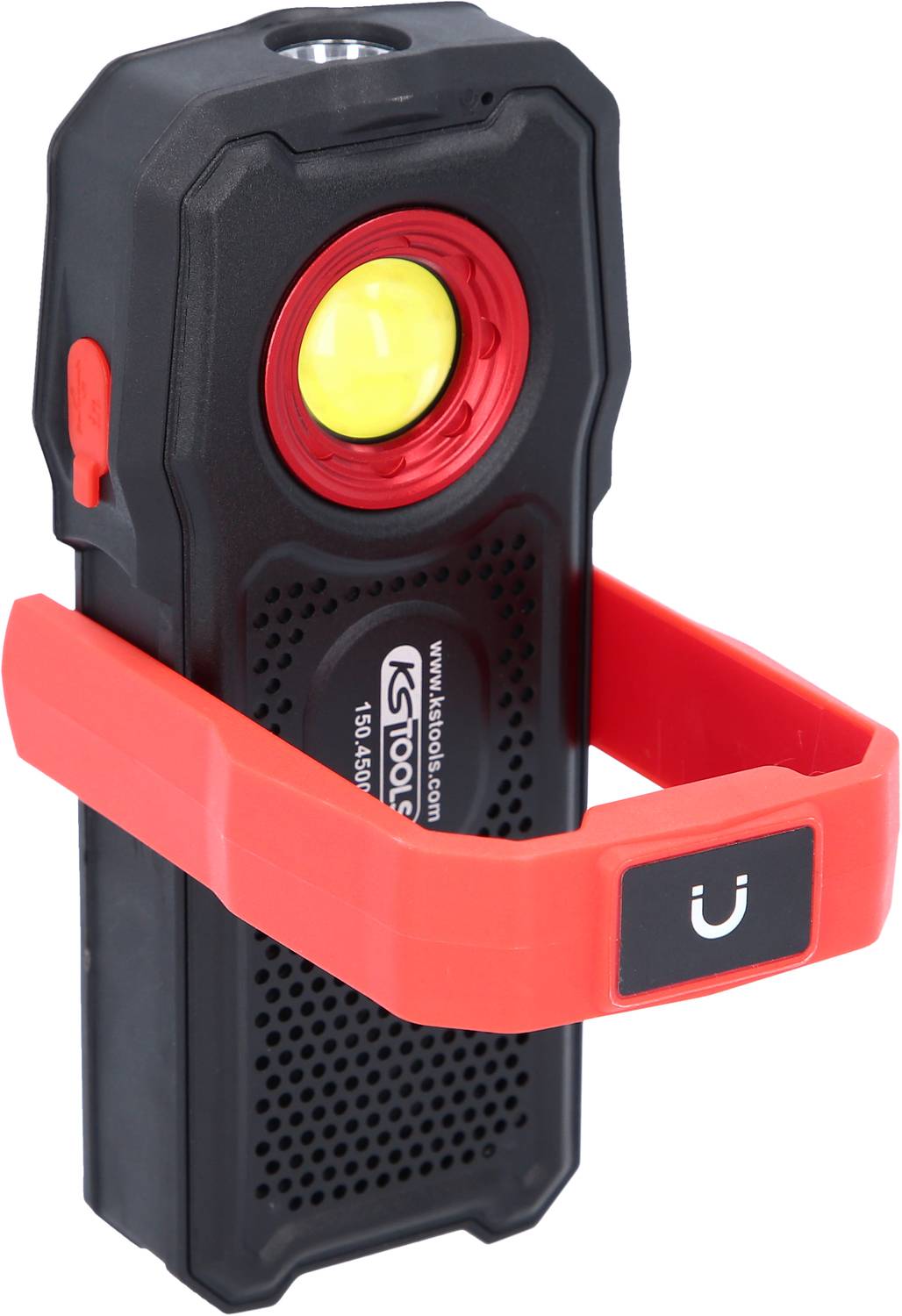 Crna baterijska lampa s crvenom magnetskom trakom, žutim LED izvorom svjetla i USB priključcima sa strane.