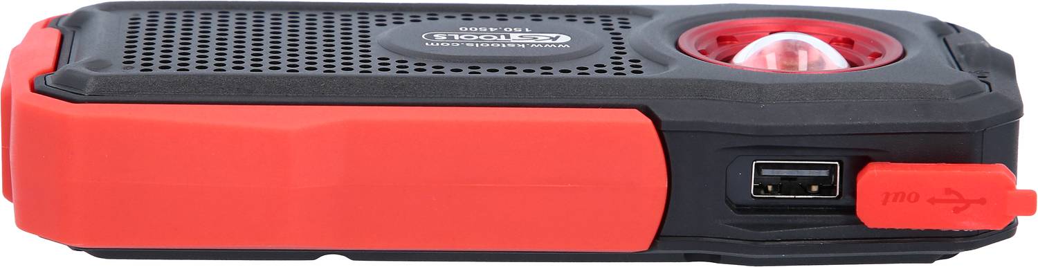 Prijenosni crni i crveni projektor, pogled sa desne strane, s USB priključkom i rešetkom za ventilaciju.