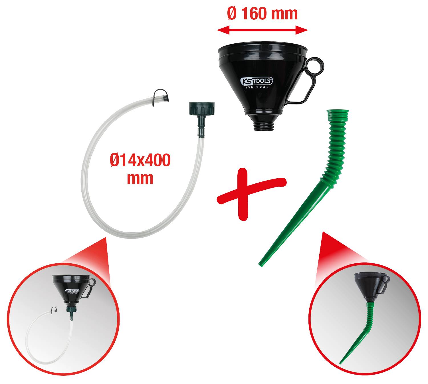 Set lijevka sa crijevoм i zelenom punjačkom cijevi, pogodan za tekućine, glavni promjer lijevka 160 mm.