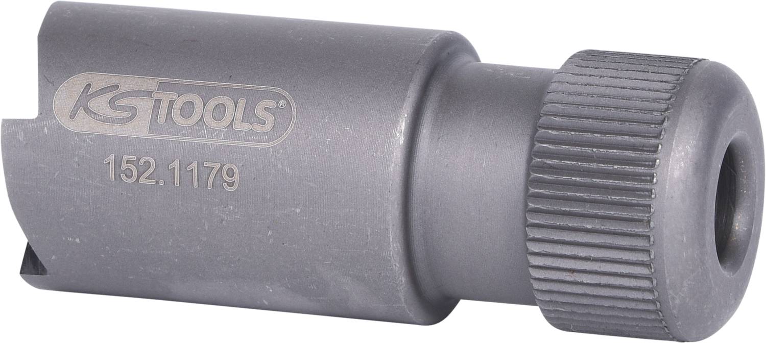 Metalni alat s natpisom 'KS Tools 152.1179', cilindričnog oblika s rebrasto strukturiranom ručkom. Koristi se u tehničke svrhe.