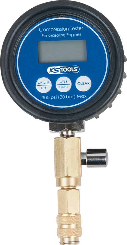 Kompresijski tester za benzinske motore s digitalnim zaslonom. Tipke za uključivanje/isključivanje, odabir cilindra i osvjetljenje. Maksimalna vrijednost: 300 psi (20 bar).