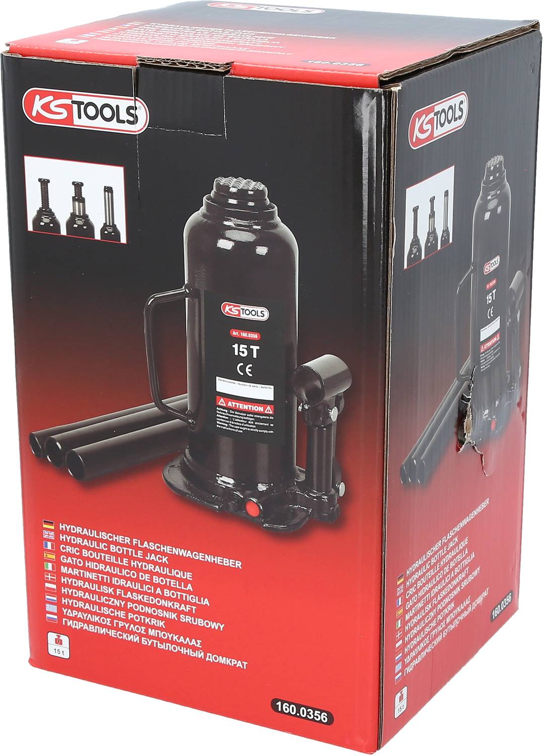 Pakiranja KS Tools-a prikazuju hidrauličku dizalicu za boce. Ima kapacitet od 15 tona.