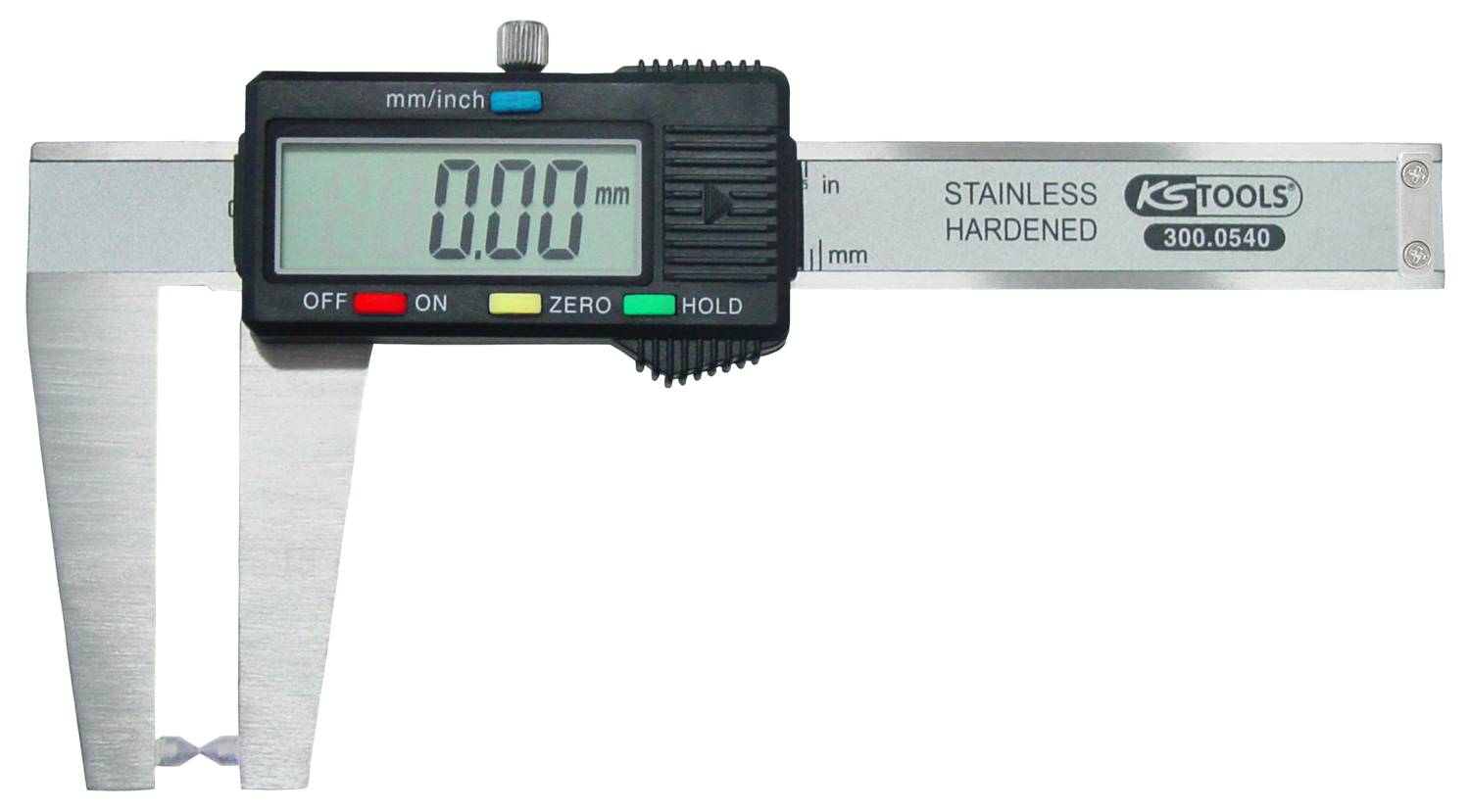 Digitalni pomični mjerač iz nehrđajućeg čelika s digitalnim zaslonom koji prikazuje 0,00 mm. Vidljiv je naziv marke 'KS Tools' i model broj '300.0540'.