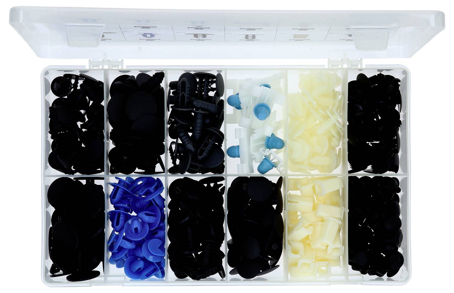 Otvorena plastična organizacijska kutija s više odjeljaka u kojima su pohranjena raznovrsna crna, plava, bijela i žuta plastična učvršćivanja ili kopče.
