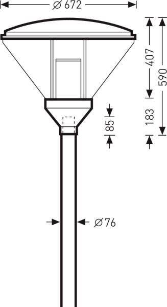 Tehnički nacrt ulične lampe s mjerama: visina 851 mm, širina lampe 672 mm, širina stupa 76 mm.