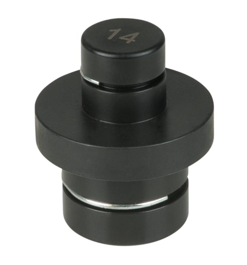 Crni cilindrični komad metala s urezanim brojem '14' na gornjoj površini, vjerojatno dio stroja ili alata.