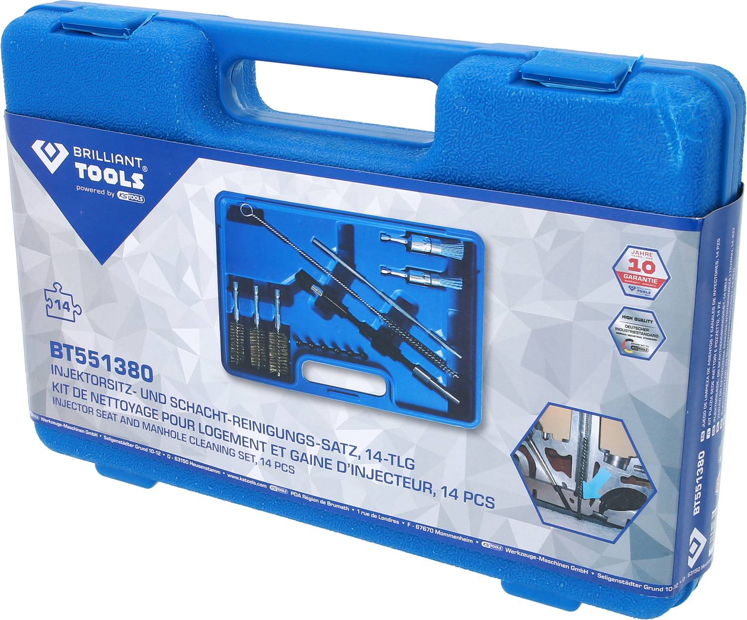 Plavi alat za čišćenje injekcijskih sustava s 14 dijelova, marka Brilliant Tools, BT515380, 10 godina jamstva, prikazan.'