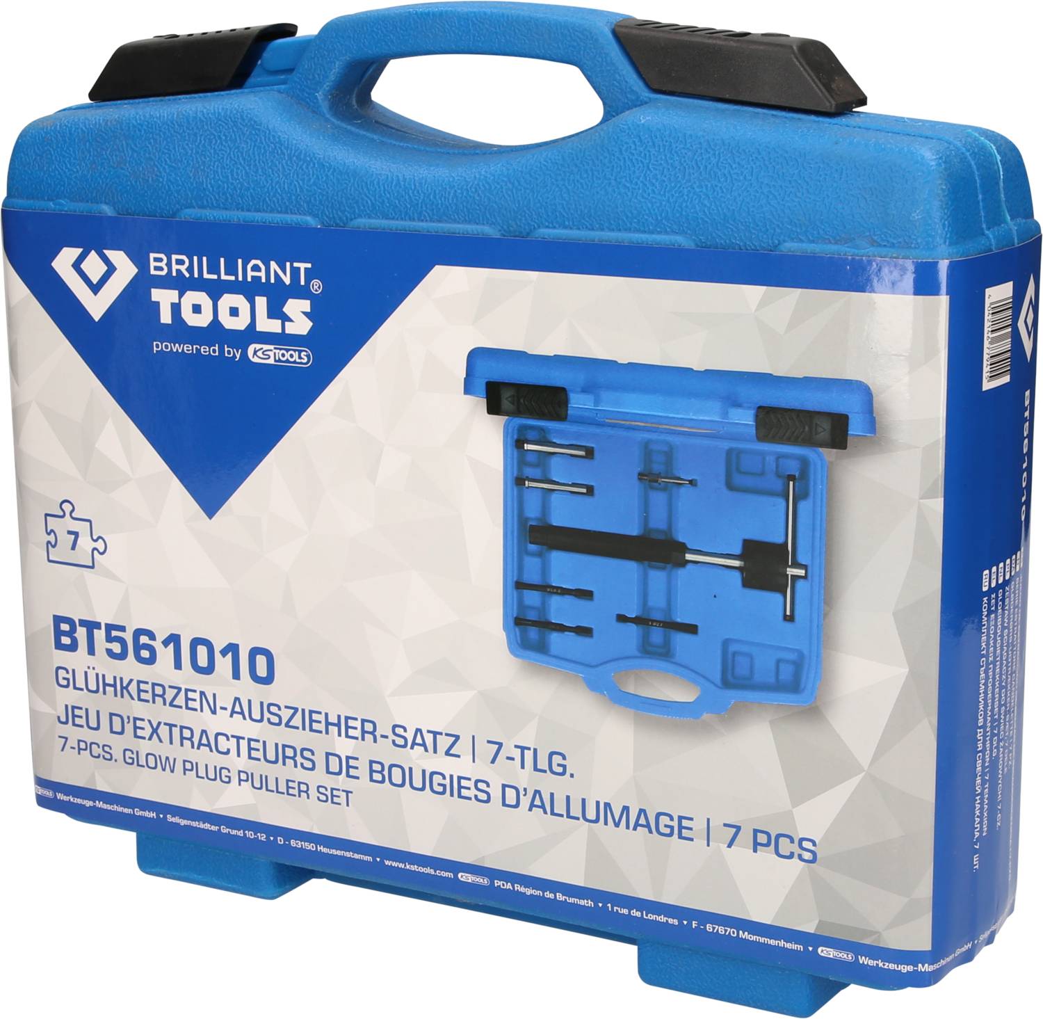 Plavi kovčeg za alat marke 'Brilliant Tools', model BT561010. Sadrži set za izvlačenje žarulja u 7 dijelova.