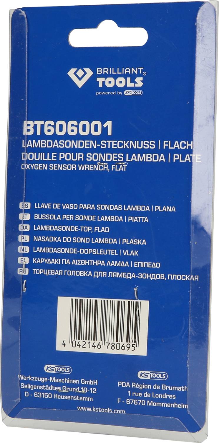 Stražnja strana pakiranja s tekstom na više jezika. Glavna naslov: 'Lambda sonda - priključak'. Proizvođač: 'Brilliant Tools'.