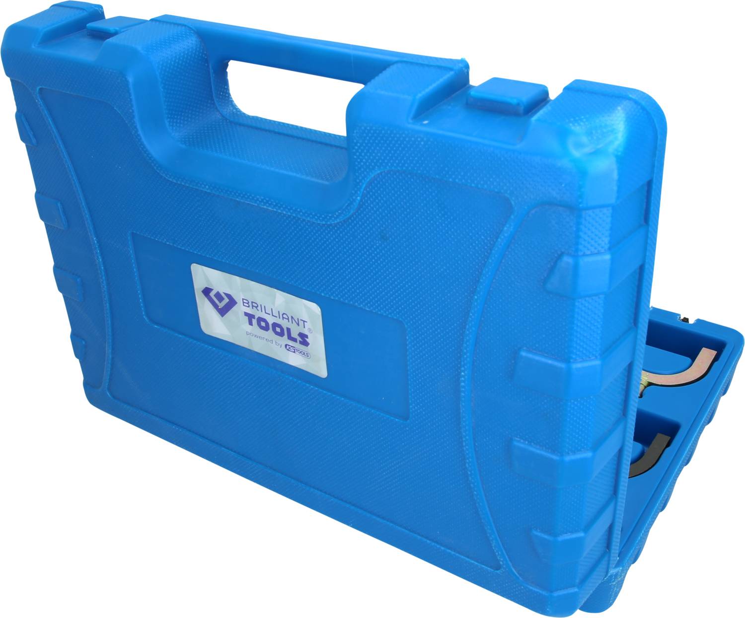 Plavi plastični kofer s ručkom, na prednjoj strani logo "Brilliant Tools", sadržava alate.