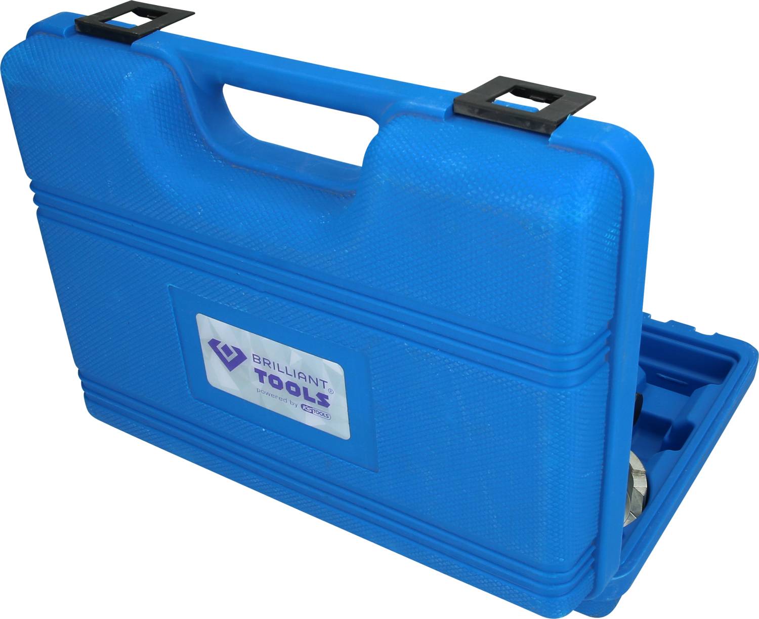 Plavi kovčeg za alat s ručkom, djelomično otvoren, vidljiv logotip s natpisom 'BRILLIANT TOOLS'.