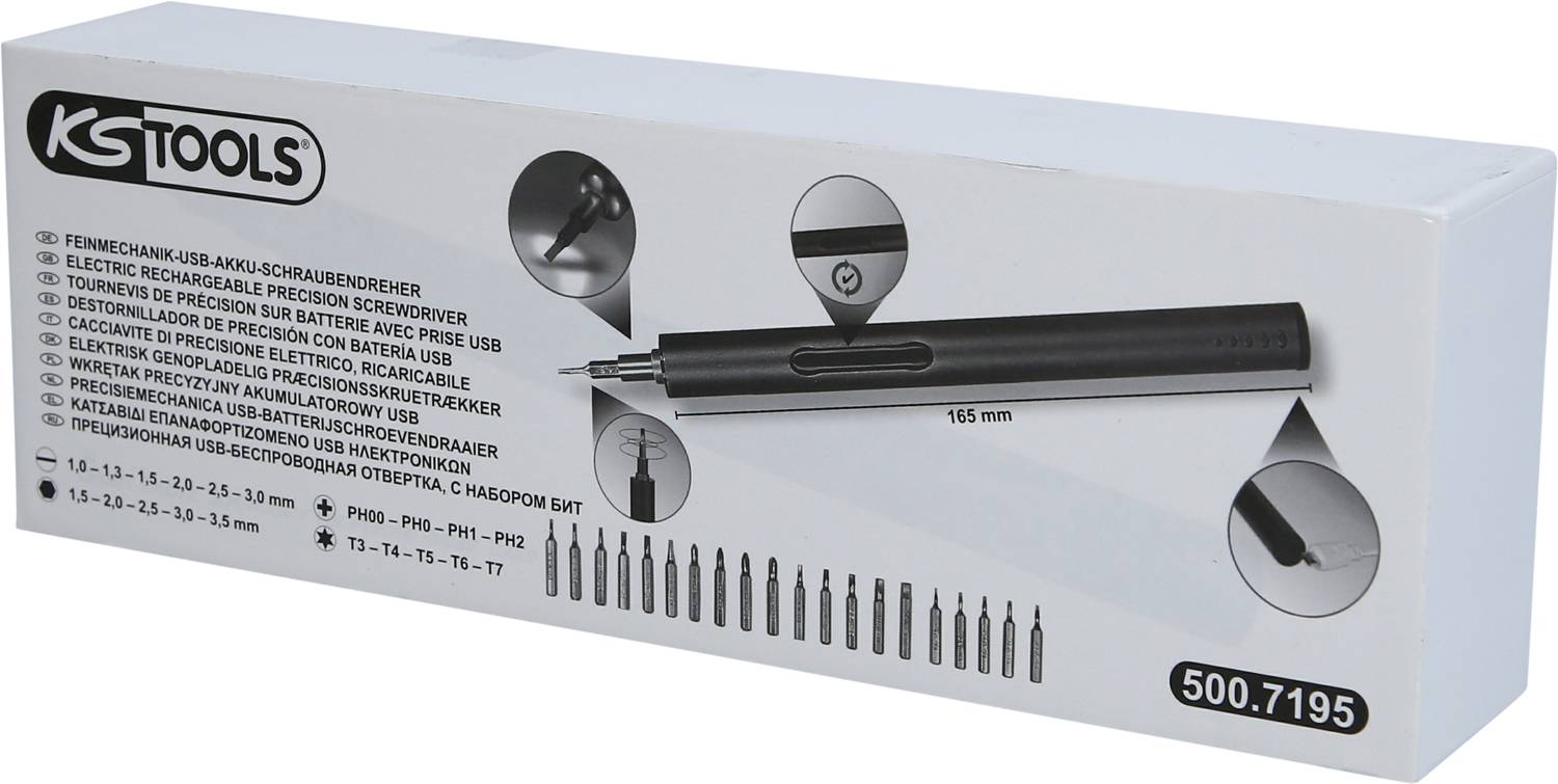 'KS Tools Finomehanika USB akumulatorski set odvijača' pakiranje prikazuje odvijač i zamjenjive nastavke, prikaz dužine 165 mm.