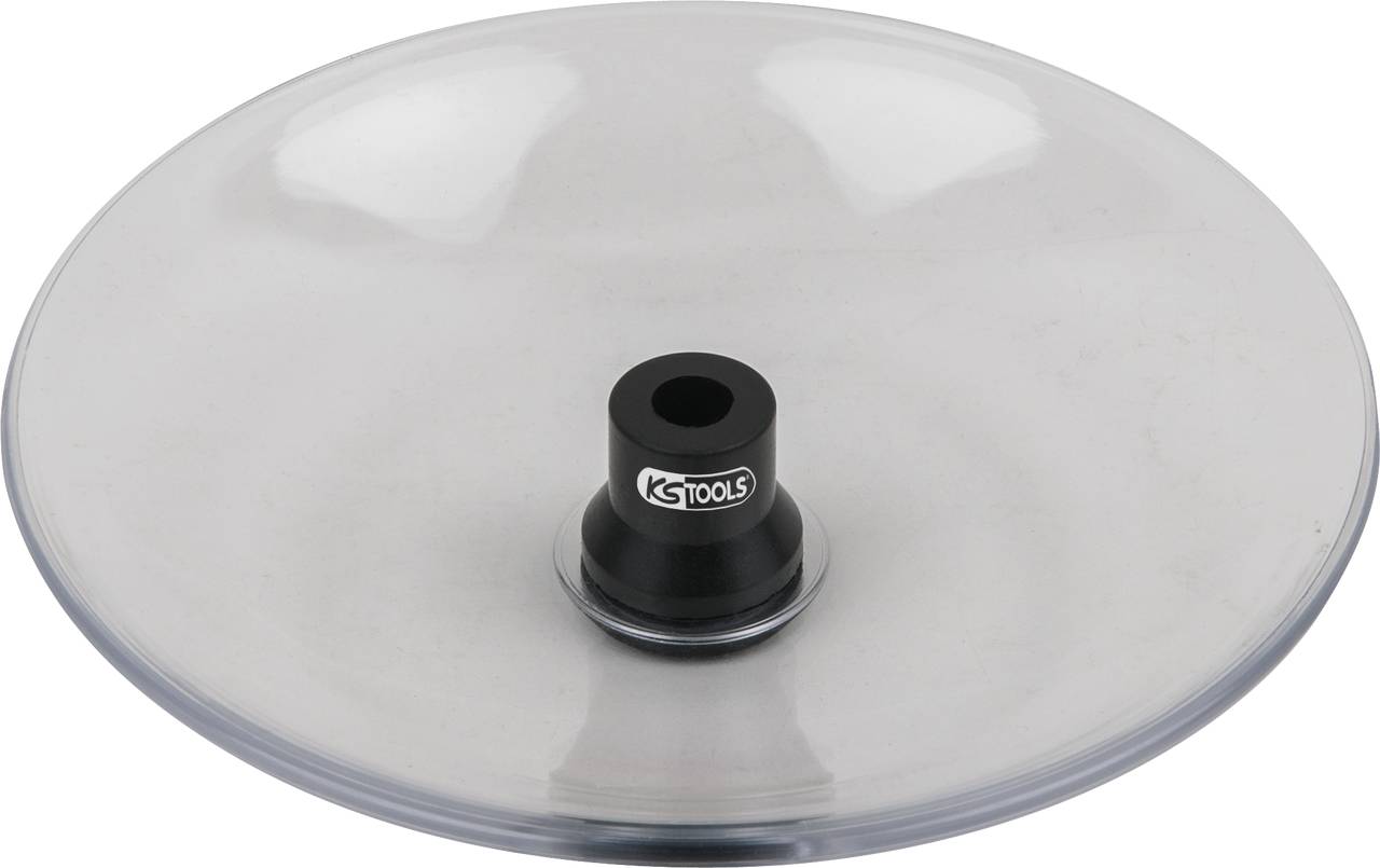 Prozirna pokrivka s centralnom crnom nosačem i logotipom 'KS TOOLS'. Upotrebljiva u radionicama za prekrivanje ili zaštitu.