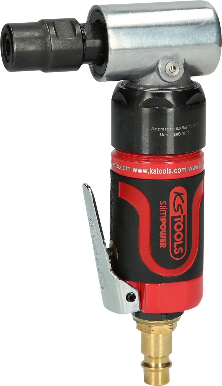 Pneumatski brusilice u crvenoj i crnoj boji od KS Tools-a, s čvrstom metalnom glavom i polugom za upravljanje.