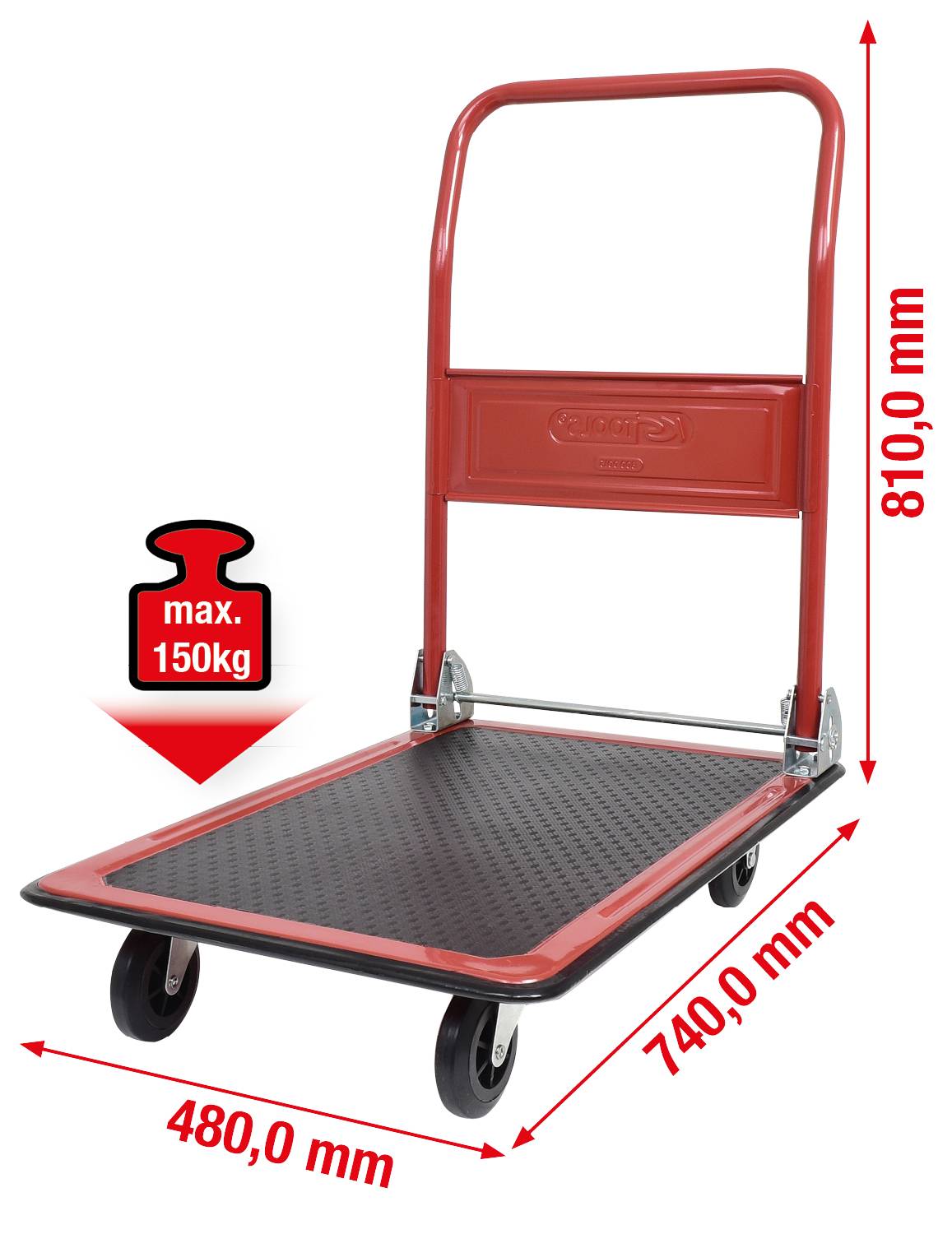 Crvena transportna kolica s crnom tovarnom površinom, 4 kotača i ručkom. Maksimalno opterećenje 150 kg. Dimenzije: 810 mm visina, 740 mm dužina, 480 mm širina.