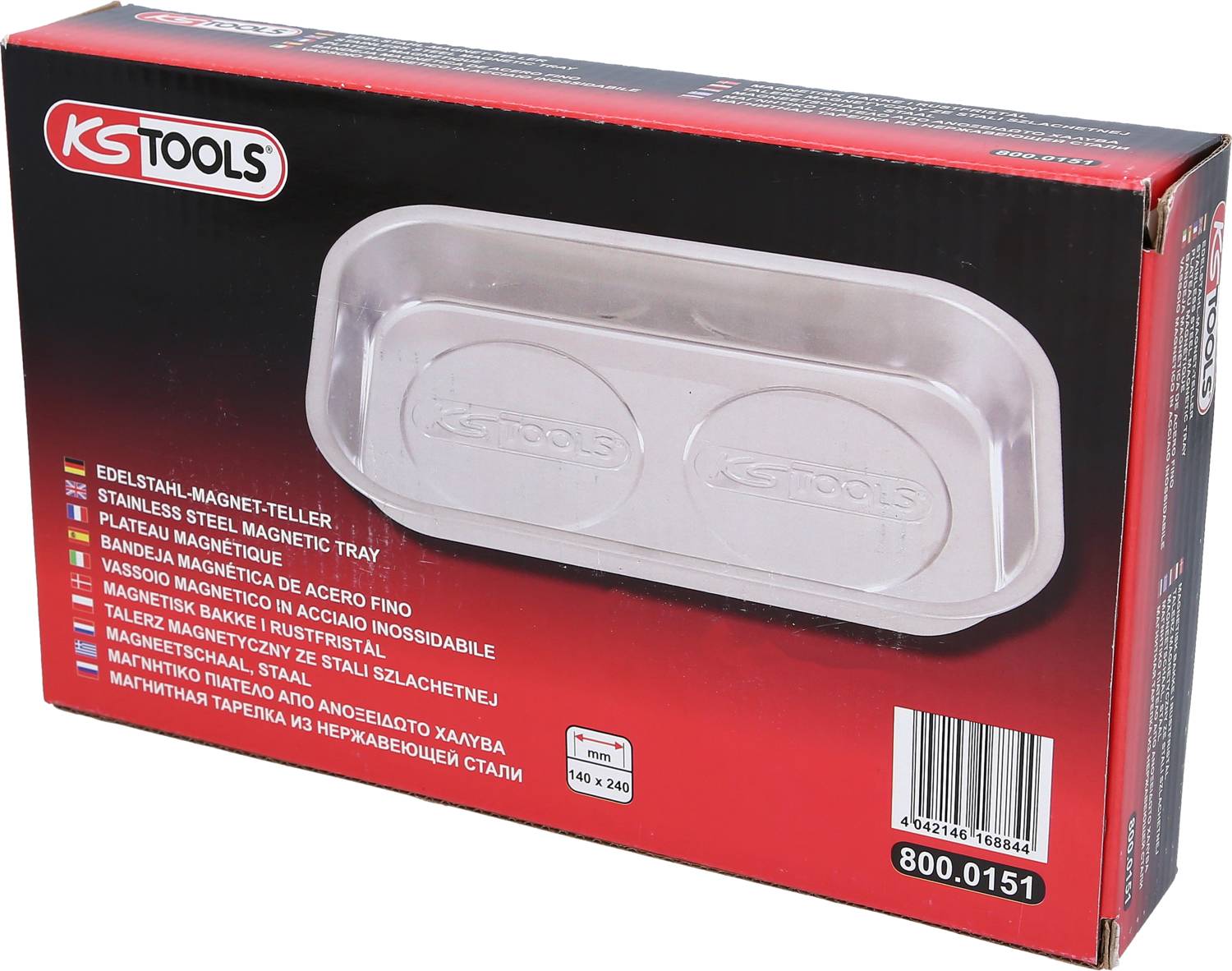 Ambalaža magnetskog stalnog magneta od nehrđajućeg čelika tvrtke KS Tools, model 800.0151. Sadrži sliku proizvoda, dimenzije 140 x 240 mm i višejezične detalje.