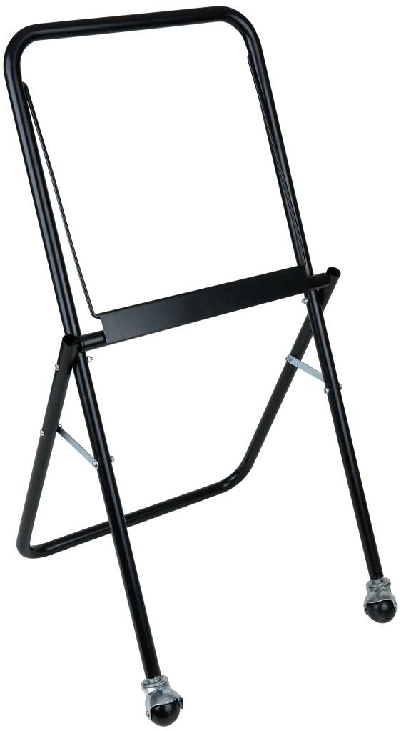 Crni sklopivi stalak s dva kotača pri dnu, pogodan za lake transportne zadatke ili kao mobilni nosač.