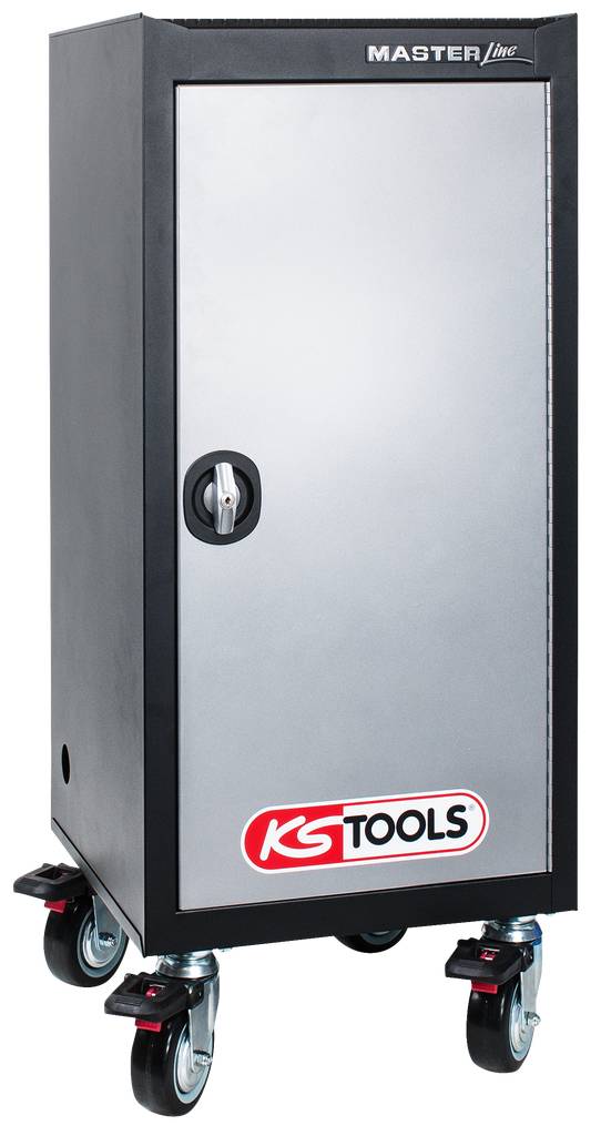 Čelični ormar na kotačima s logom 'KS Tools', pogodan za sigrano odlaganje alata, koji se može zaključati i lako premještati zahvaljujući četiri kotača.