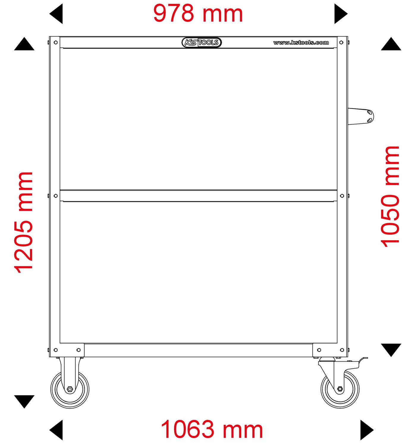 Pravokutna kolica za alat s dva kotača i ručkom. Dimenzije: 978 mm širine, 1205 mm visine, 1063 mm dužine.