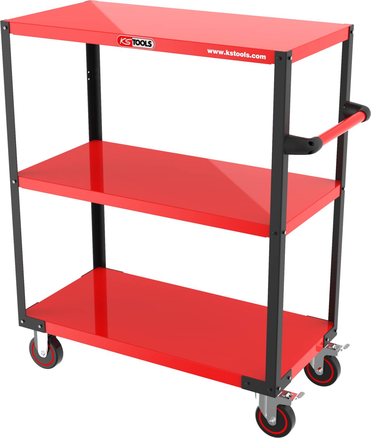 Crveni radionički kolić s tri razine, crnim okvirnim nosačem i četiri kotača. Ručka olakšava guranje.