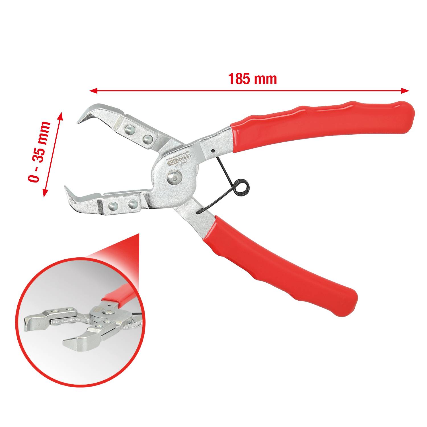 Crvene kliješta s metalnim vrhovima, duljina 185 mm, raspon 0–35 mm, uz uvećani detaljan prikaz vrhova.