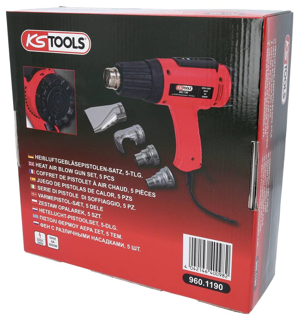 Ambalaža kompleta pištolja za vrući zrak s pištoljem, različitim nastavcima i logotipima marke 'KS Tools'.