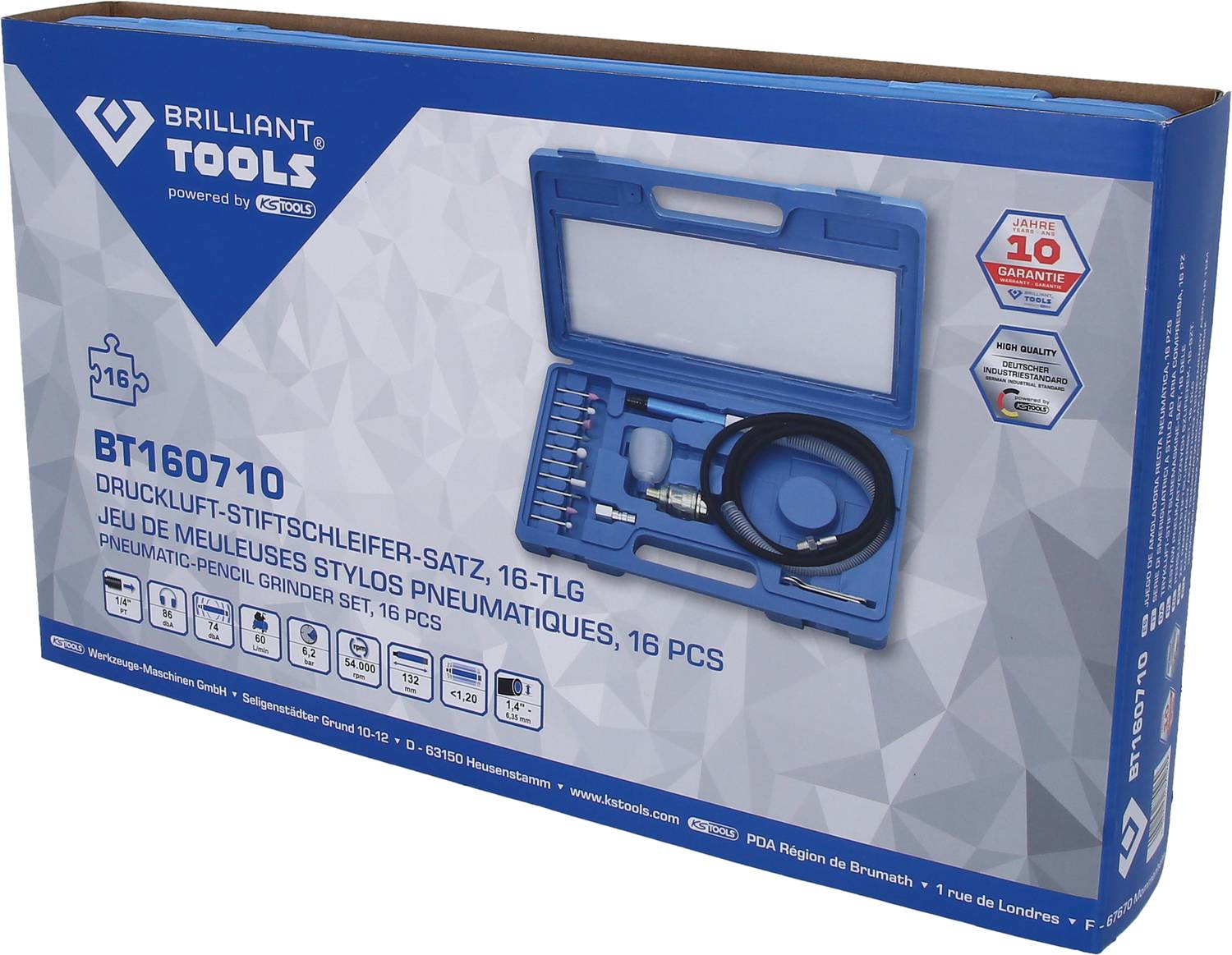 Set pneumatskih štapnih brusilica, 16-dijelni, marke Brilliant Tools. U plavom kovčegu, idealan za precizno brušenje i poliranje.
