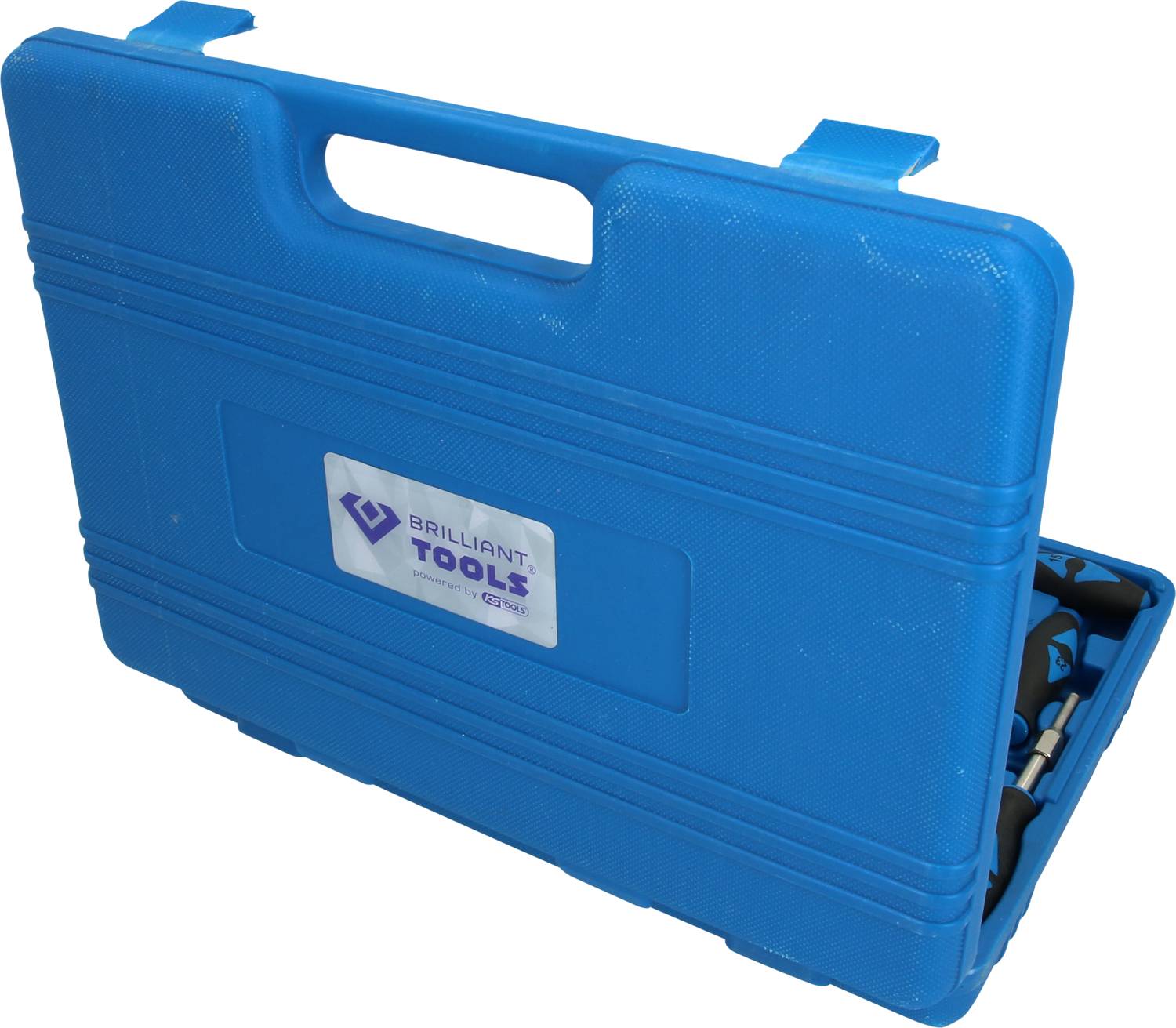 Plavi kofer za alat s natpisom 'Brilliant Tools'. Kofer je djelomično otvoren i prikazuje alate unutar njega.