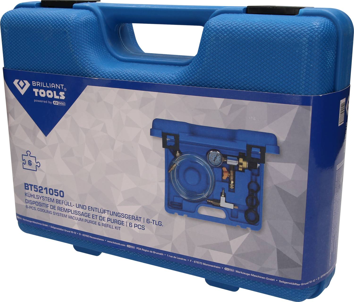 Uređaj za punjenje i odušivanje rashladnog sustava, 16-djelni, Brilliant Tools BTS21050, plavo kućište, prikaz sadržaja na prednjoj strani.